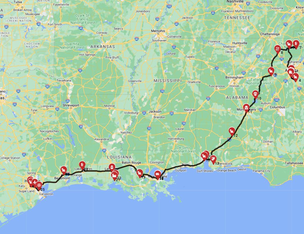 Motorhome trip route from Atlanta to Houston